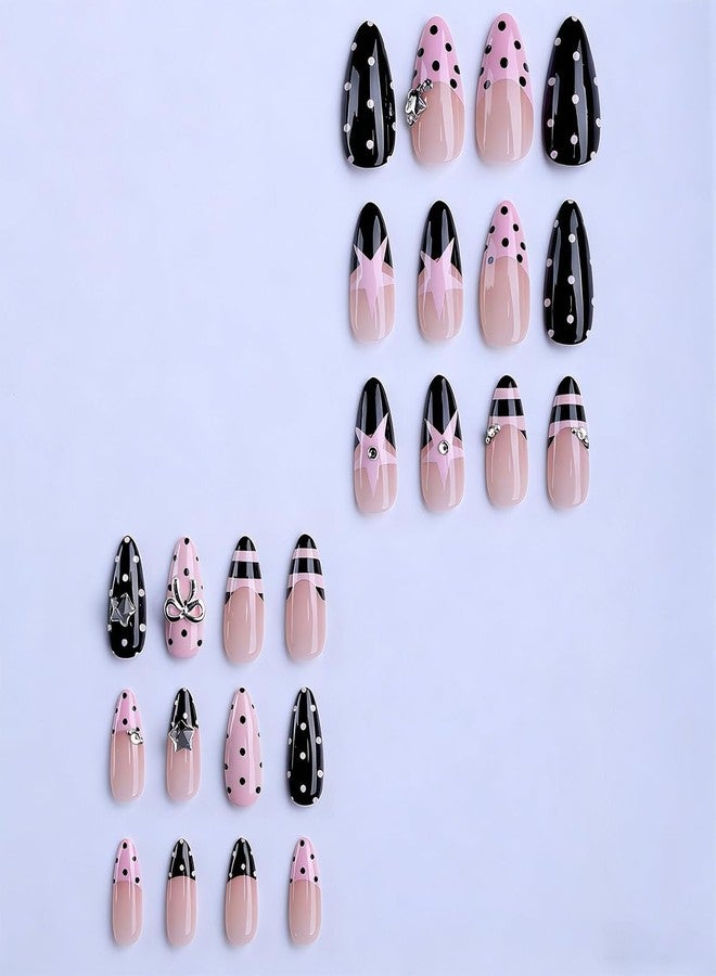 BYJKYEN 24Pcs Cute Polka Dot Press on Nails Medium Almond French Tip Fake Nails with Bow Charms Design Star Stripe Dots False Nails Full Cover Acrylic Nail for Women Daily Nail Decor supplies - Image 5