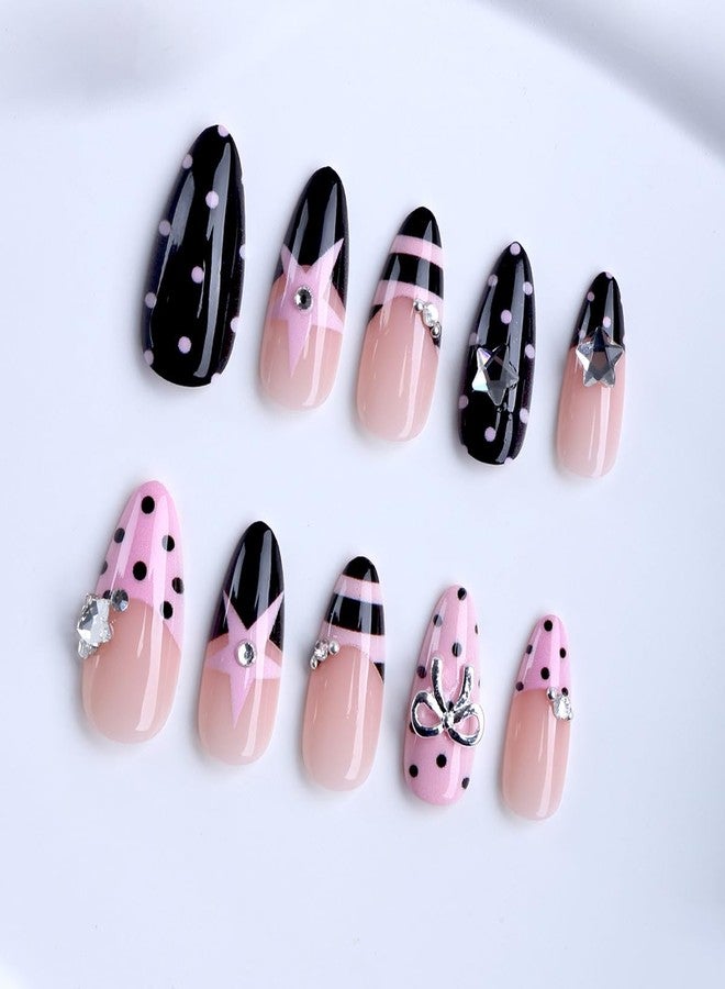 BYJKYEN 24Pcs Cute Polka Dot Press on Nails Medium Almond French Tip Fake Nails with Bow Charms Design Star Stripe Dots False Nails Full Cover Acrylic Nail for Women Daily Nail Decor supplies - Image 2