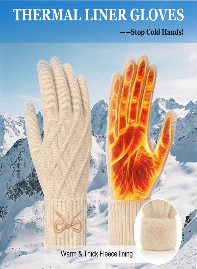 Liitrsh Women Winter Gloves with Embroidery Bow Touchscreen Warm Elastic Knit Lining Gloves for Cold Weather Gift, Khaki,black, One size - Image 2
