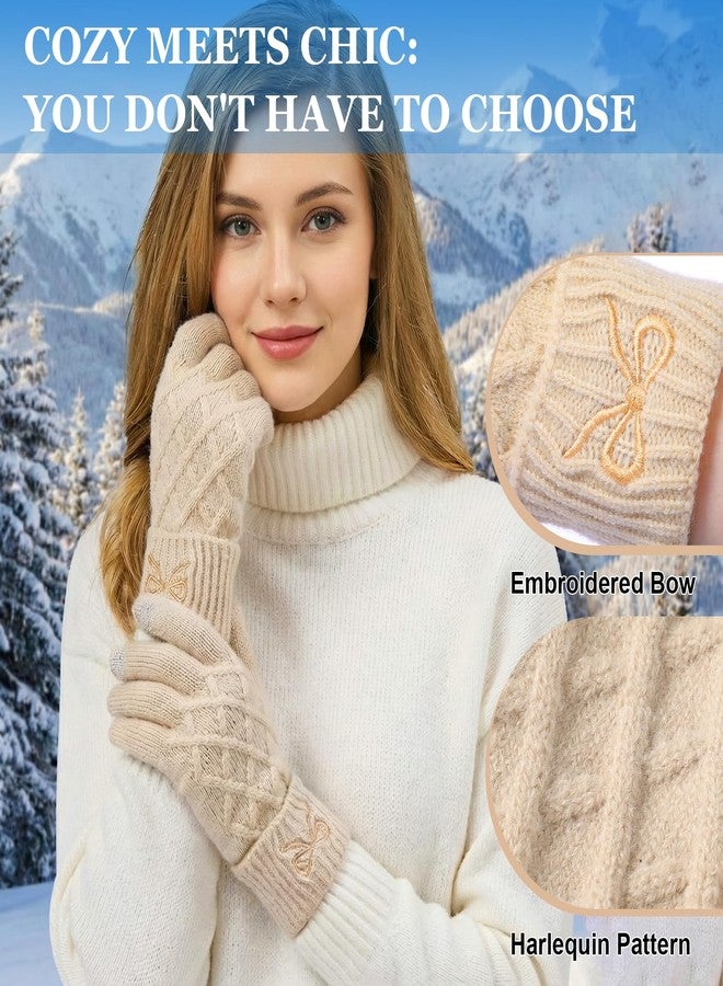 Liitrsh Women Winter Gloves with Embroidery Bow Touchscreen Warm Elastic Knit Lining Gloves for Cold Weather Gift, Khaki,black, One size - Image 4