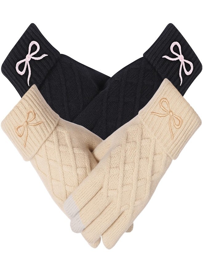 Liitrsh Women Winter Gloves with Embroidery Bow Touchscreen Warm Elastic Knit Lining Gloves for Cold Weather Gift, Khaki,black, One size - Image 1