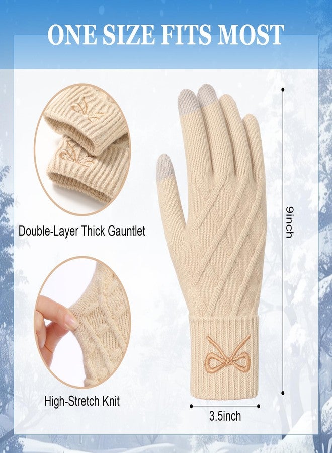 Liitrsh Women Winter Gloves with Embroidery Bow Touchscreen Warm Elastic Knit Lining Gloves for Cold Weather Gift, Khaki,black, One size - Image 3