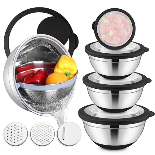 E-far Efar Mixing Bowls with Lids Set 15PCS Stainless Steel Mixing Nesting Bowl with Colander 3 Metal Grater for Kitchen PrepBakingStorage NonSlip Bottom Airtight Lid 46 3 15 1 07QT Black - Image 1