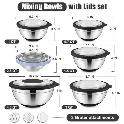 E-far Efar Mixing Bowls with Lids Set 15PCS Stainless Steel Mixing Nesting Bowl with Colander 3 Metal Grater for Kitchen PrepBakingStorage NonSlip Bottom Airtight Lid 46 3 15 1 07QT Black - Image 3