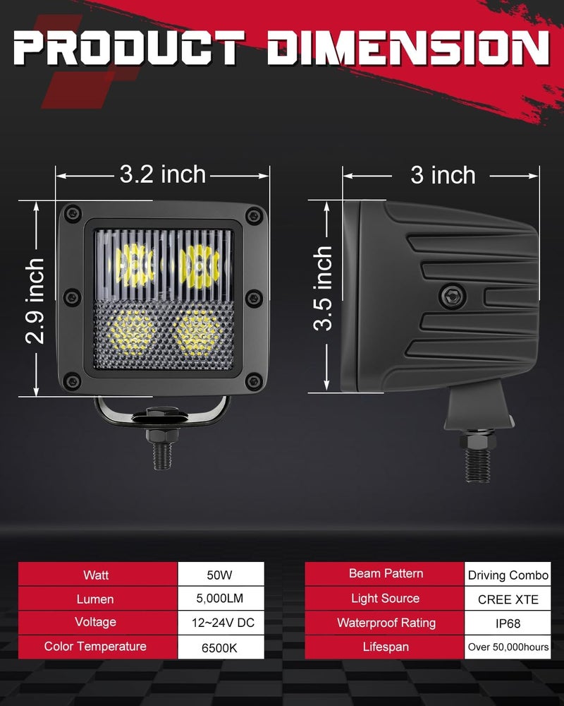 OFFROADTOWN LED Cubes, 3 Inch 80W CREE LED Pods Offroad Fog Lights Driving Ditch Backup Reverse Light for for Trucks UTV SUV ATV Motorcycle Pickup Boat - 2Pcs Driving Combo Beam - Image 2
