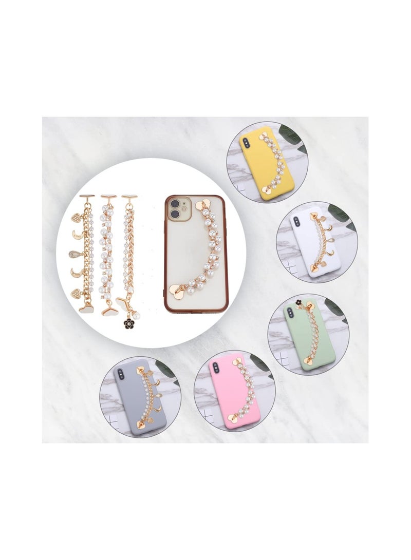 SYOSI Beaded Cell Phone Chain Charms, Pearl Phone Chain Decoration, Lanyard Heart Moon Beaded Phone Charm Strap Crystal Rhinestone Diamond Gold Chain Universal Mobile Phone Finger Strap for Women(3Pcs ) - Image 2