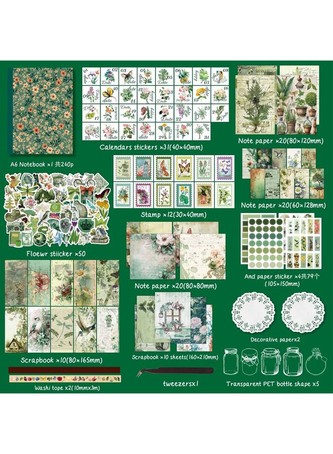 Bluejw Retro Scrapbook Green Suit Hand Book Sticker 260 Flowers And Plants DIY Hand Book Material Set - Image 4