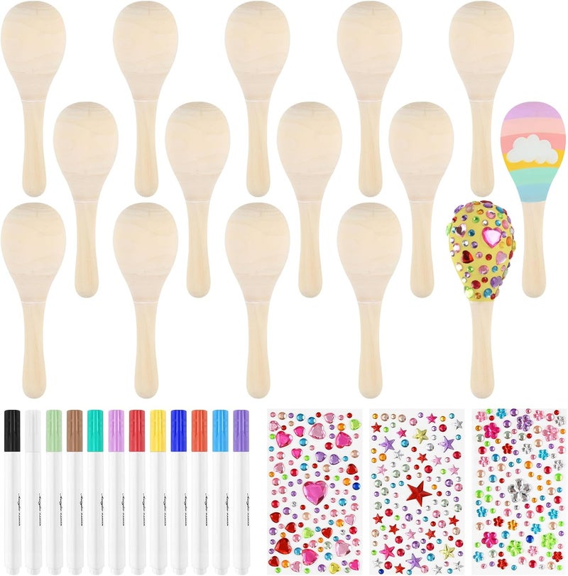 PLULON 25 Pcs Mini Wooden Maracas Unfinished Maracas for Fiesta Party Decorations with 27 Pcs Colorful Painting Tools Maracas Musical for Mexican Party Favors Cinco De Mayo Party Supplies - Image 1