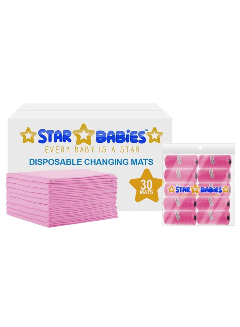 STAR BABiES Combo Packs Changing Mat 45 X 60Cm 30Pcs With Scented Bag Pack Of 10 150Bags-Pink  - Image 1