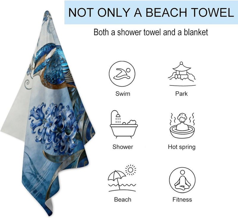 Beach Towel 31"x51" Lightweight, Super Absorbent Sandproof Towels Kingfisher Hyacinth Bloom Double-Sided Plush Towel for Adults, Travel, Pool, Gym & Sports Sand-Free Quick-Dry Bath Towels - Image 3