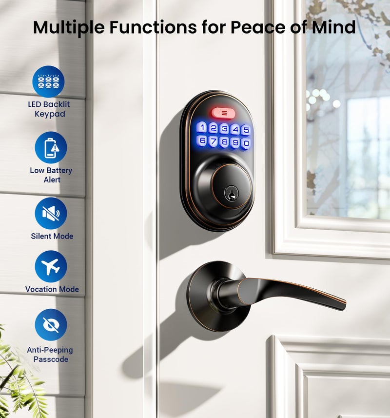 Veise Keyless Entry Door Lock with 2 Lever Handles - Electronic Keypad Deadbolt, Auto Lock, Back Lit & Easy Installation Design, Front Door Handle Sets, Oil Rubbed Bronze - Image 4