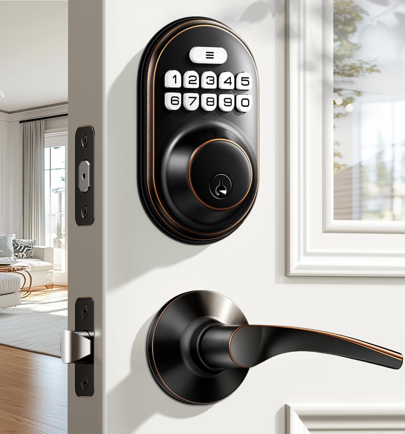 Veise Keyless Entry Door Lock with 2 Lever Handles - Electronic Keypad Deadbolt, Auto Lock, Back Lit & Easy Installation Design, Front Door Handle Sets, Oil Rubbed Bronze - Image 1