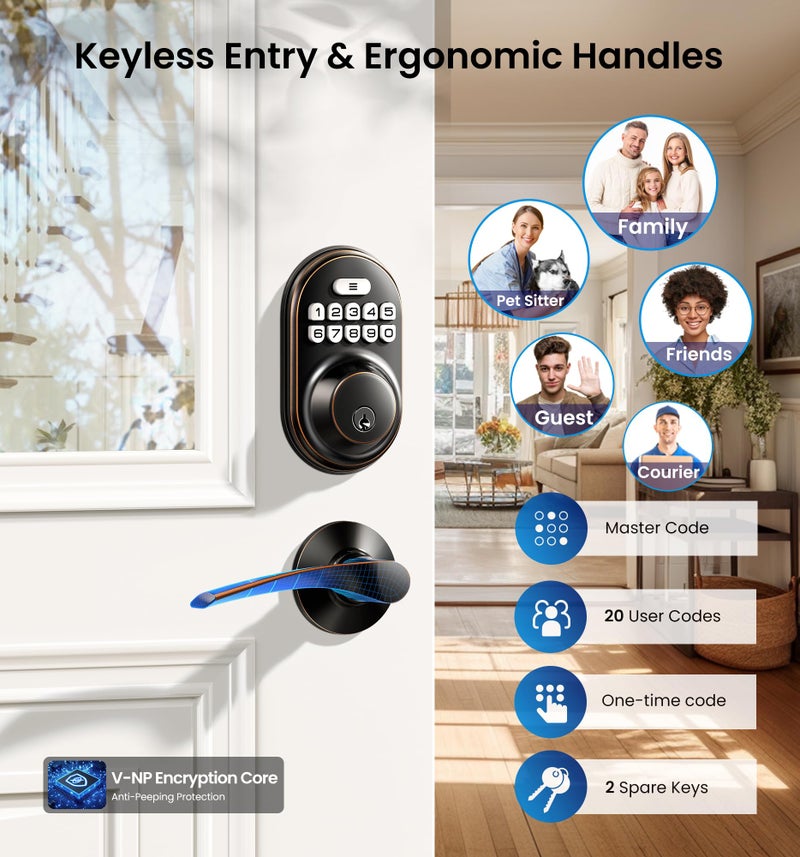 Veise Keyless Entry Door Lock with 2 Lever Handles - Electronic Keypad Deadbolt, Auto Lock, Back Lit & Easy Installation Design, Front Door Handle Sets, Oil Rubbed Bronze - Image 2