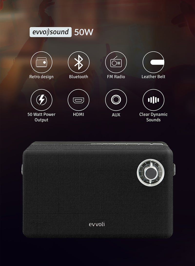 evvoli Portable Wireless Retro Bluetooth Speaker With 50W Heavy Bass For Home, Outdoor, Office And Party EVAUD-RB51B Black - Image 3