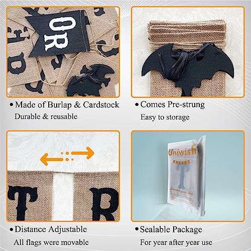 Uniwish Trick or Treat Burlap Banner Halloween Decorations for Mantel Fireplace Glitter Bat Garland Bunting Home Wall Decor Halloween Party Supplies - Image 2