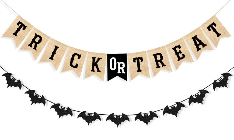 Uniwish Trick or Treat Burlap Banner Halloween Decorations for Mantel Fireplace Glitter Bat Garland Bunting Home Wall Decor Halloween Party Supplies - Image 1