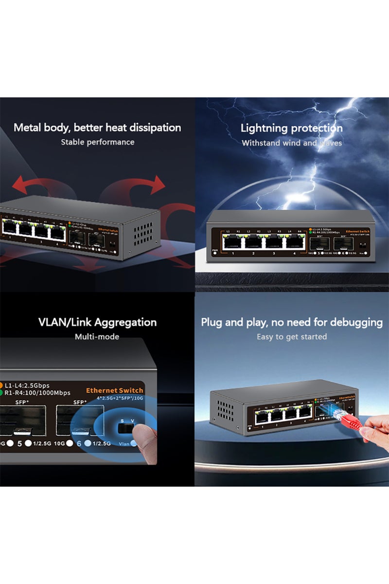 erorex EU Plug 2.5Gbps Network Switch 4+2 Port 2500Mbps Ethernet Switcher 2 Port 10G SFP+ Slot - Image 5