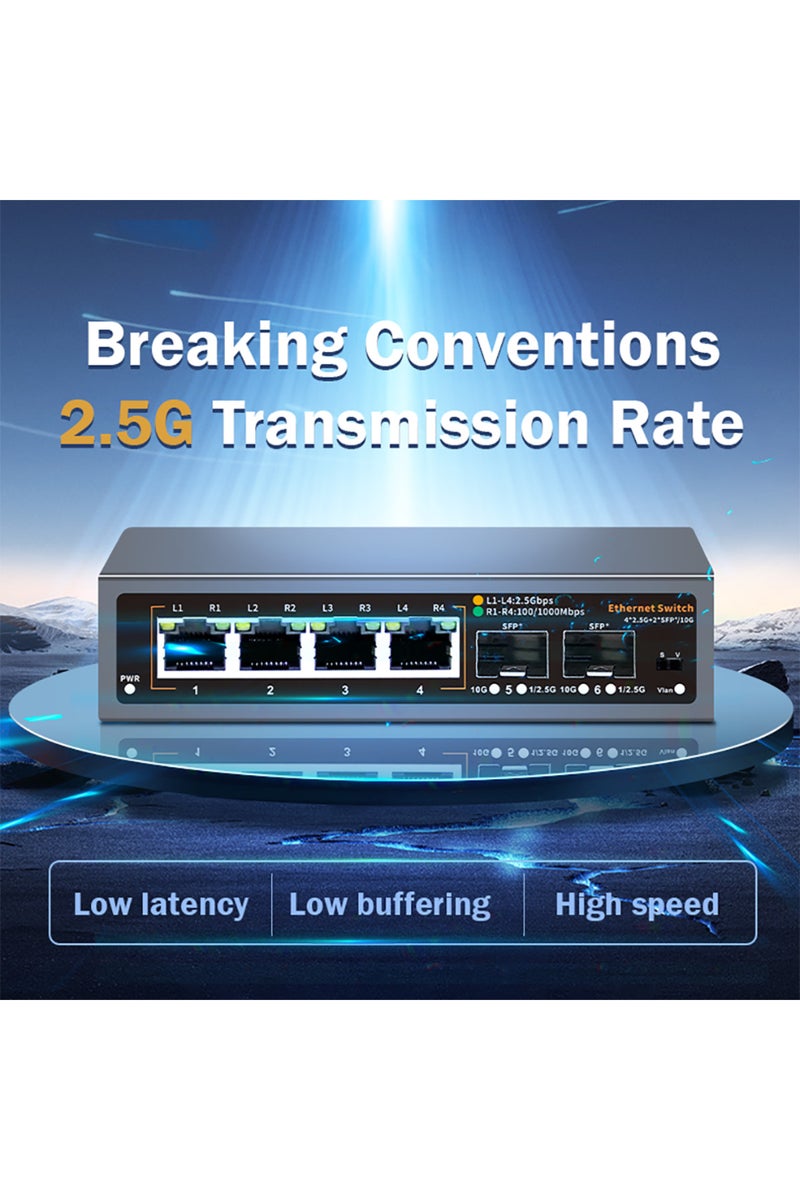 erorex EU Plug 2.5Gbps Network Switch 4+2 Port 2500Mbps Ethernet Switcher 2 Port 10G SFP+ Slot - Image 1