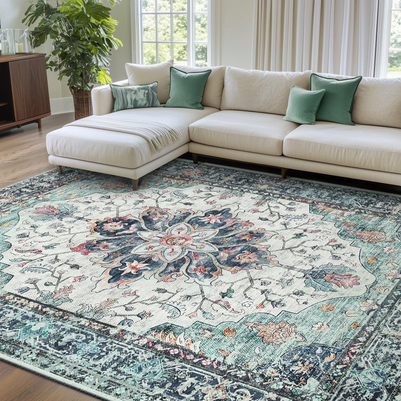 RELEANY Area Rugs 8'x10' Washable Non-Slip, Floral Vintage Distress Print Pattern Medallion Carpet for Living Room Bedroom Dining Room, Green Navy Blue White Red Teal Colorful - Image 1