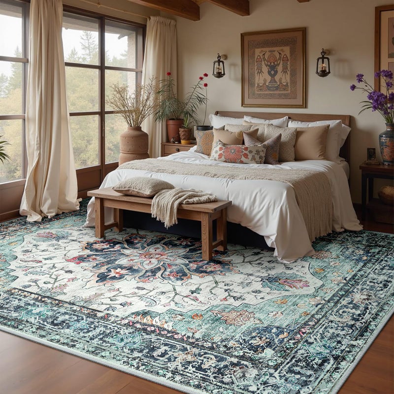RELEANY Area Rugs 8'x10' Washable Non-Slip, Floral Vintage Distress Print Pattern Medallion Carpet for Living Room Bedroom Dining Room, Green Navy Blue White Red Teal Colorful - Image 2