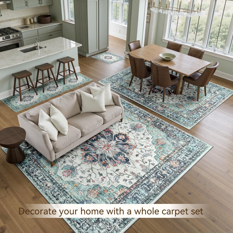 RELEANY Area Rugs 8'x10' Washable Non-Slip, Floral Vintage Distress Print Pattern Medallion Carpet for Living Room Bedroom Dining Room, Green Navy Blue White Red Teal Colorful - Image 3