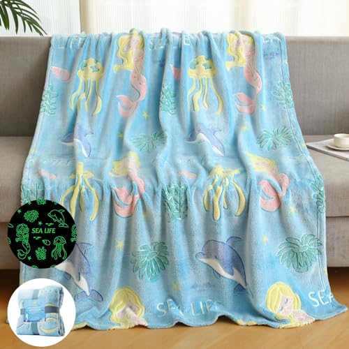 LIFEYJ Glow in The Dark Blanket Mermaid Whale Gifts for Girls BoysSoft Marine Life Blanket 3 4 5 6 7 8 9 10 Year Old Girl GiftsToddler Girls Toys Age 68Easter Gifts for Kids Birthday Gift Presents - Image 1