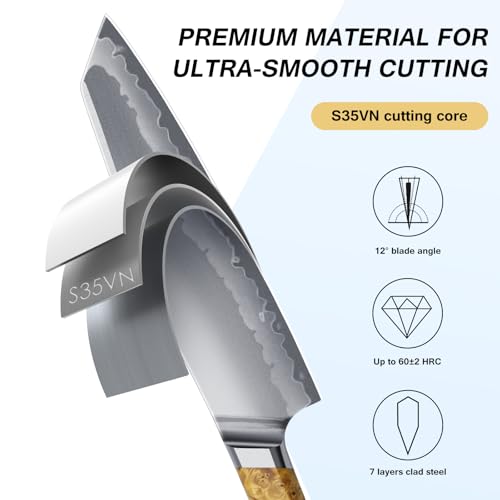 FINTISO Chef Knife 8 inch Kitchen Knife in S35VN Powder Steel Core Japanese Chef Knife, 7-Layers Clad Steel Cooking Knife Super Sharp Knife for Kitchen with Celestial Resin & Wood Handle Gift Box - Image 2