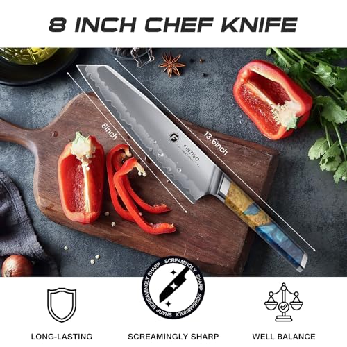 FINTISO Chef Knife 8 inch Kitchen Knife in S35VN Powder Steel Core Japanese Chef Knife, 7-Layers Clad Steel Cooking Knife Super Sharp Knife for Kitchen with Celestial Resin & Wood Handle Gift Box - Image 5