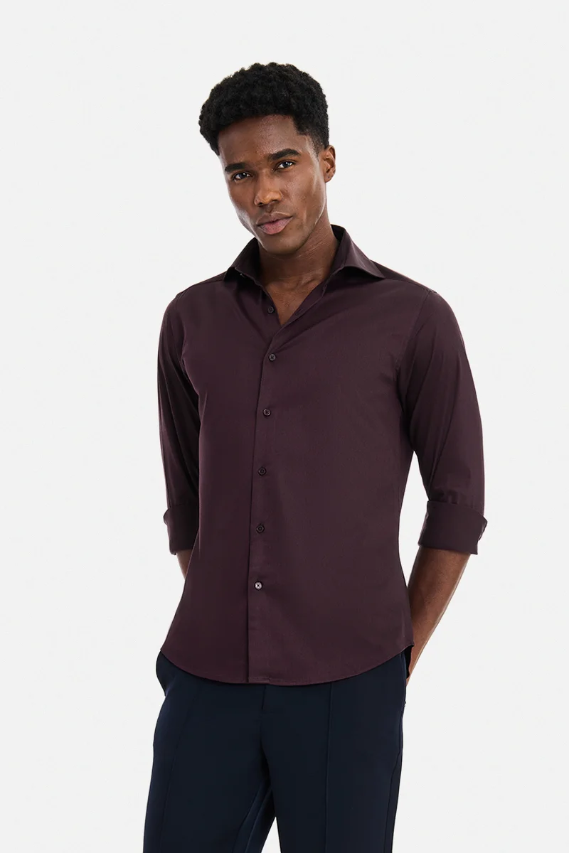 سنيتش Wine Solid Long Sleeve Slim Fit Formal Shirt