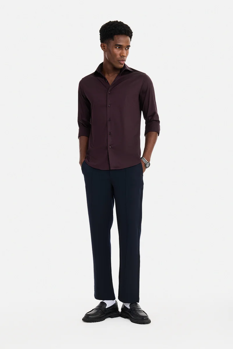 سنيتش Wine Solid Long Sleeve Slim Fit Formal Shirt