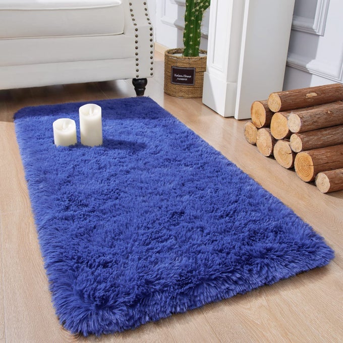SOFT RUNNER RUG FOR BEDROOM LIVING ROOM PLUSH FLUFFY RUG 2X4 FEET SHAG FURRY RUNNER RUG CARPET NON SHEDDING FOR NURSERY CHILDREN KIDS GIRLS ROOM HOME DECORATIVE NAVY