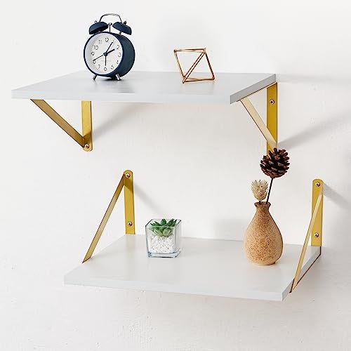 Axeman Deep Floating Shelves for Wall 12 Inch Deep White and Gold Shelves Set of 2 16W x 12D White Wood Wall Shelves with Golden Brackets for Bedroom Bathroom Living Room Kitchen White Gold