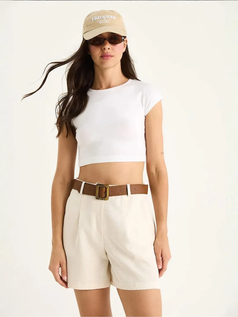 Bianco Lucci Beige Natural LUCCI Linen Blend Relaxed Fit Wide Leg Shorts with Pockets for Women | Best Price UAE
