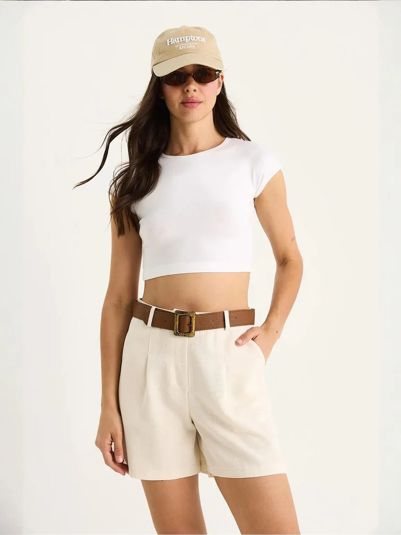 Bianco Lucci Beige Natural LUCCI Linen Blend Relaxed Fit Wide Leg Shorts with Pockets for Women | Best Price UAE