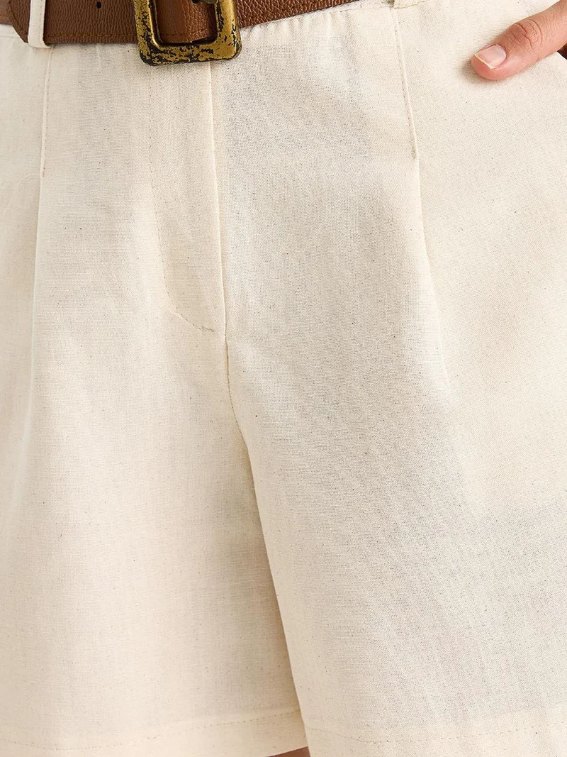 Bianco Lucci Beige Natural LUCCI Linen Blend Relaxed Fit Wide Leg Shorts with Pockets for Women | Best Price UAE