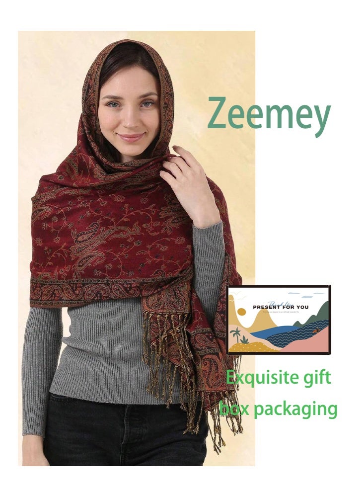 زيمي شال شرابة من الجاكار بلون بورجوندي، بنمط تقليدي رائع، نسيج سميك، شرابات ذكية، 70*200 سم، يمكن استخدامه كغطاء للرأس، وشاح، يُظهر أسلوبًا غريبًا - Image 1