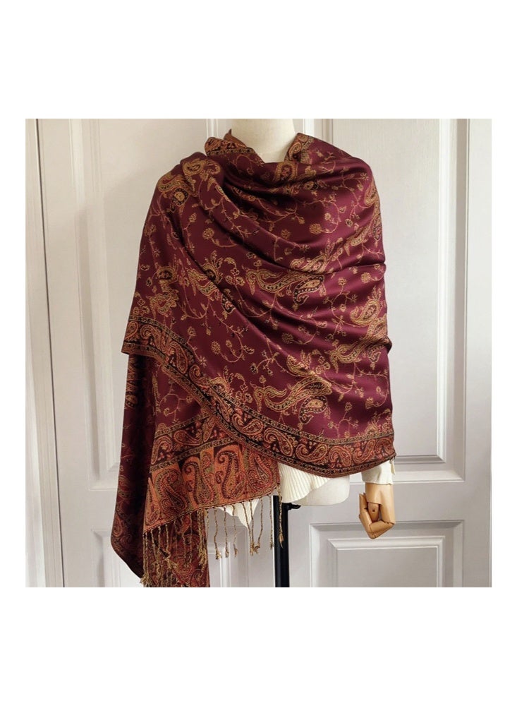 زيمي شال شرابة من الجاكار بلون بورجوندي، بنمط تقليدي رائع، نسيج سميك، شرابات ذكية، 70*200 سم، يمكن استخدامه كغطاء للرأس، وشاح، يُظهر أسلوبًا غريبًا - Image 3