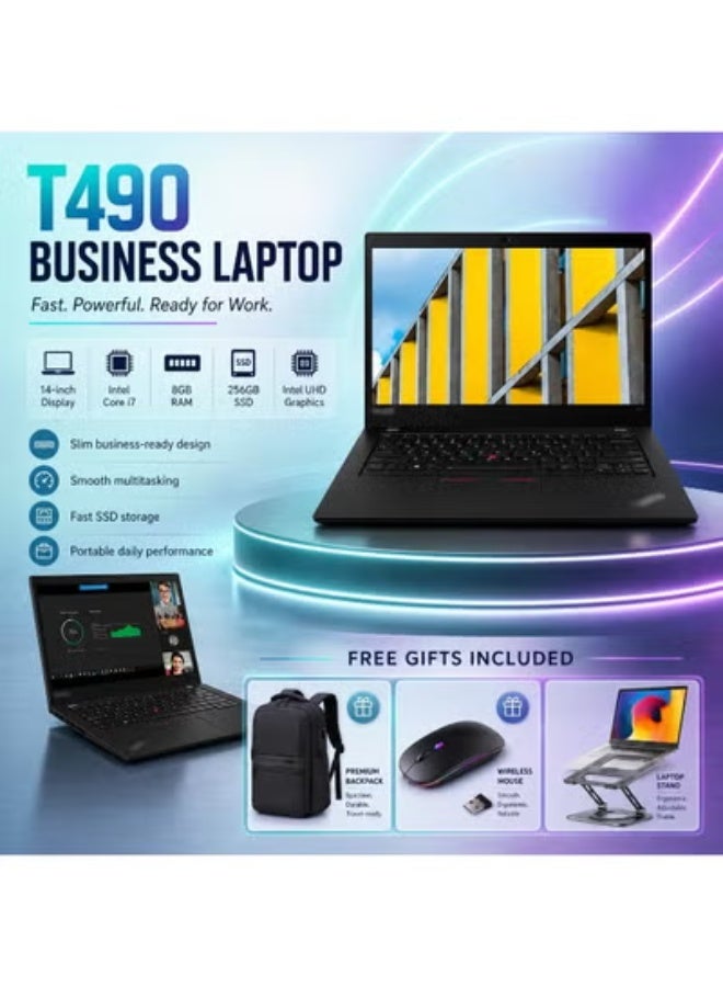 Business Laptop 14 Inch Display, Intel Core i7 Processor, 8GB RAM, 256GB SSD, Intel UHD Graphics, Backpack, Wireless Mouse & Laptop Stand - Image 1