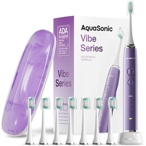 Aquasonic Vibe Series Ultra-Whitening Toothbrush – ADA Accepted Electric Toothbrush - 8 Brush Heads & Travel Case – 40,000 VPM Motor & Wireless Charging - 4 Modes w Smart Timer – Satin Violet - Image 1