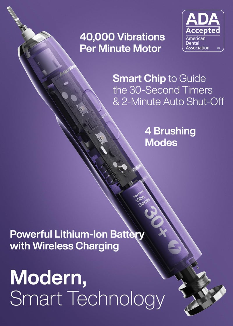 Aquasonic Vibe Series Ultra-Whitening Toothbrush – ADA Accepted Electric Toothbrush - 8 Brush Heads & Travel Case – 40,000 VPM Motor & Wireless Charging - 4 Modes w Smart Timer – Satin Violet - Image 2