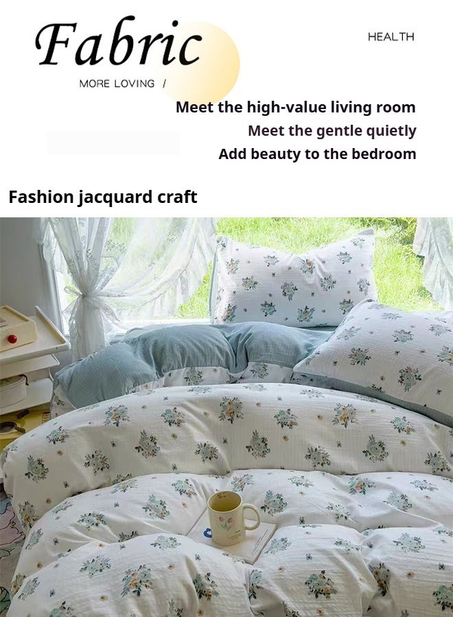 4-Piece Cotton Floral Bedding Set  200*230cm Double/King Size Light blue and white flowers  - Image 4