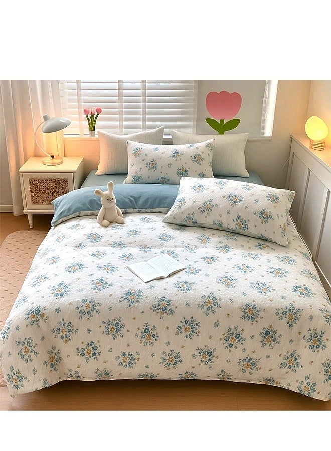 4-Piece Cotton Floral Bedding Set  200*230cm Double/King Size Light blue and white flowers  - Image 1