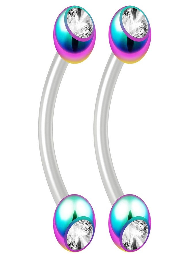 Bling Piercing 2pc 16g Flexible Bioflex Curved Barbell Crystal Rainbow 8mm Bioplast J-Curve Banana Bar - Image 1