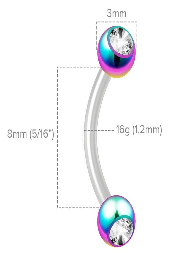 Bling Piercing 2pc 16g Flexible Bioflex Curved Barbell Crystal Rainbow 8mm Bioplast J-Curve Banana Bar - Image 3
