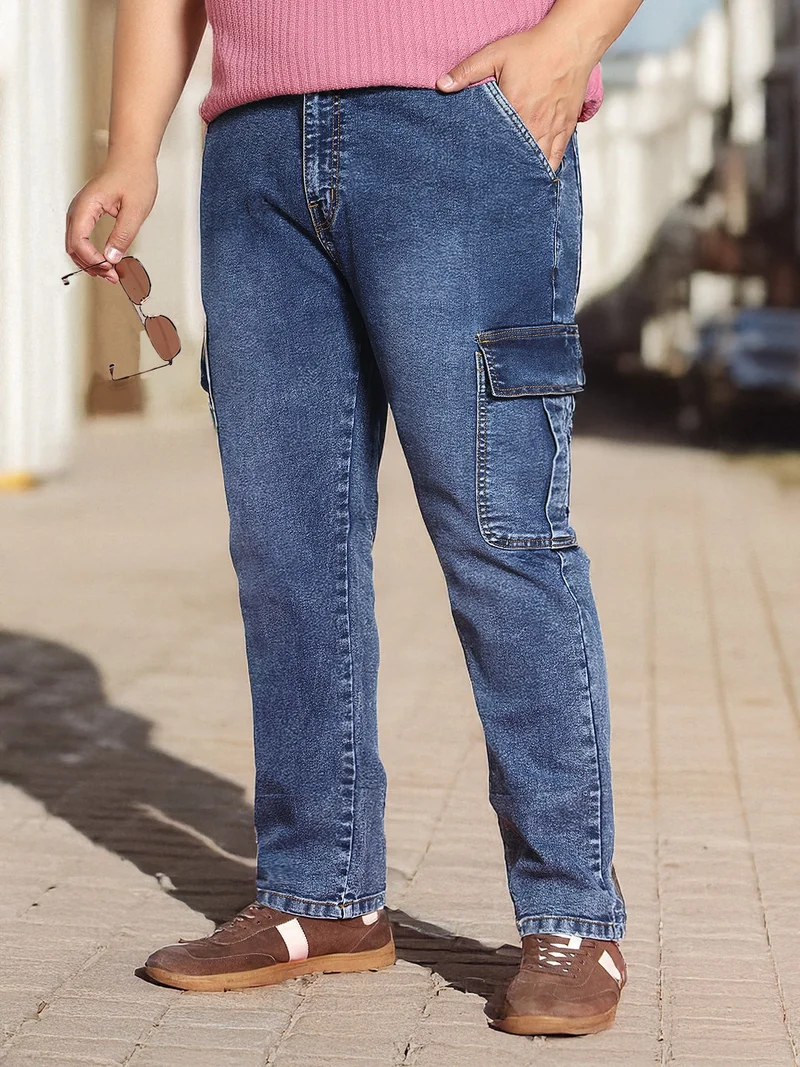 Urbano Plus Men's Blue Regular Fit Washed Cargo Jeans with 6 Pockets Stretchable