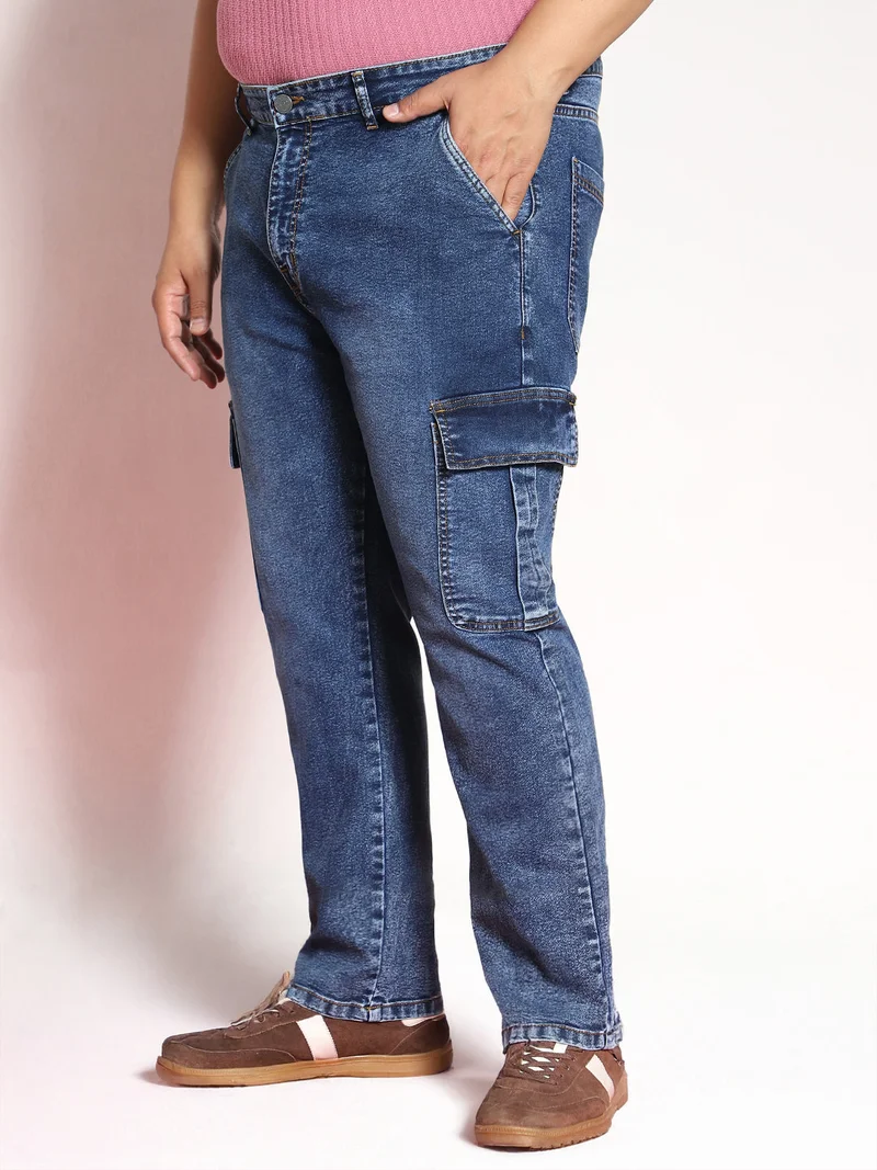 Urbano Fashion  Urbano Plus Men's Blue Regular Fit Washed Cargo Jeans with 6 Pockets Stretchable  | Best Price UAE