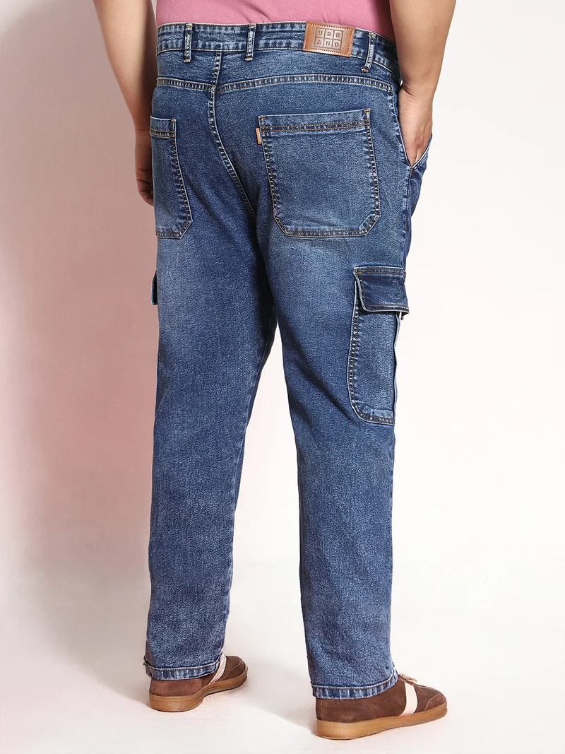 Urbano Fashion  Urbano Plus Men's Blue Regular Fit Washed Cargo Jeans with 6 Pockets Stretchable  | Best Price UAE