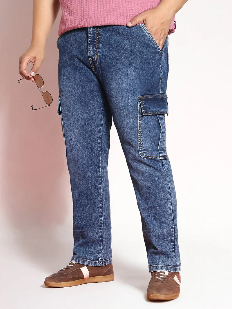 Urbano Fashion  Urbano Plus Men's Blue Regular Fit Washed Cargo Jeans with 6 Pockets Stretchable  | Best Price UAE