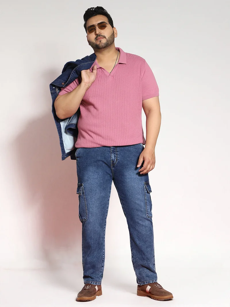 Urbano Fashion  Urbano Plus Men's Blue Regular Fit Washed Cargo Jeans with 6 Pockets Stretchable  | Best Price UAE