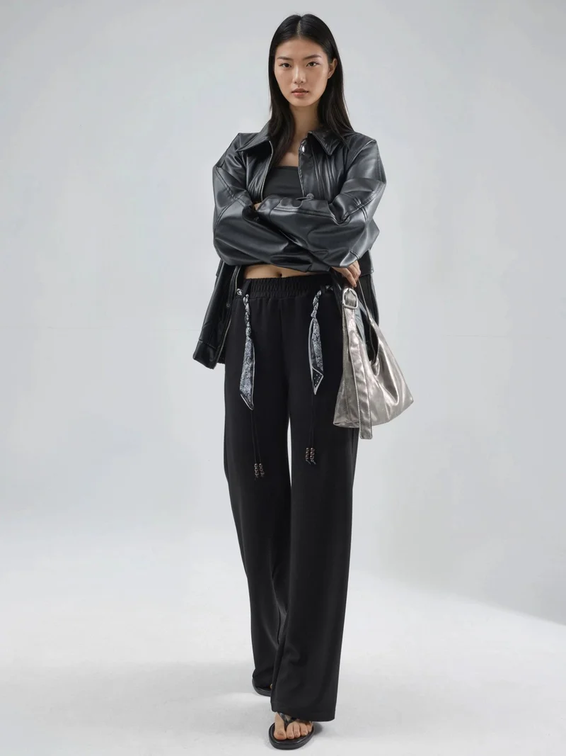 HICCUP Modal Touch Belted High Waist Straight Leg Knit Pants Bersan Collection